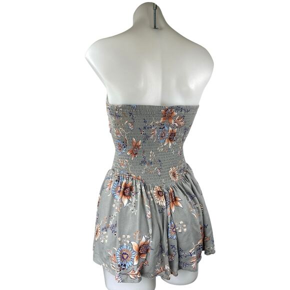 Sundays Gray Floral Strapless Sleeveless Ruched Smocked Tube Jumpsuit Romper S - Picture 2 of 4
